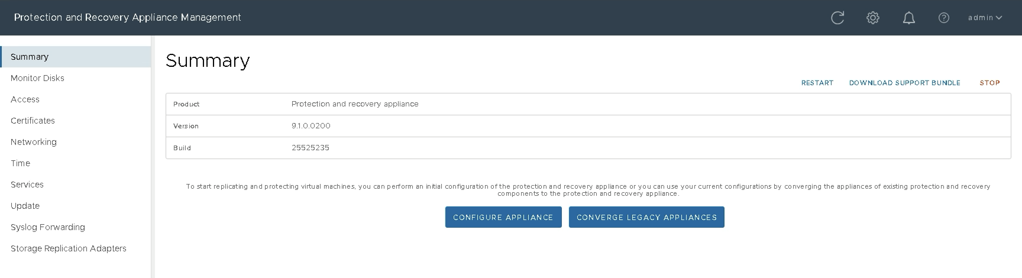 Appliance Management Summary — version 9.1.0.0200, build 25525235