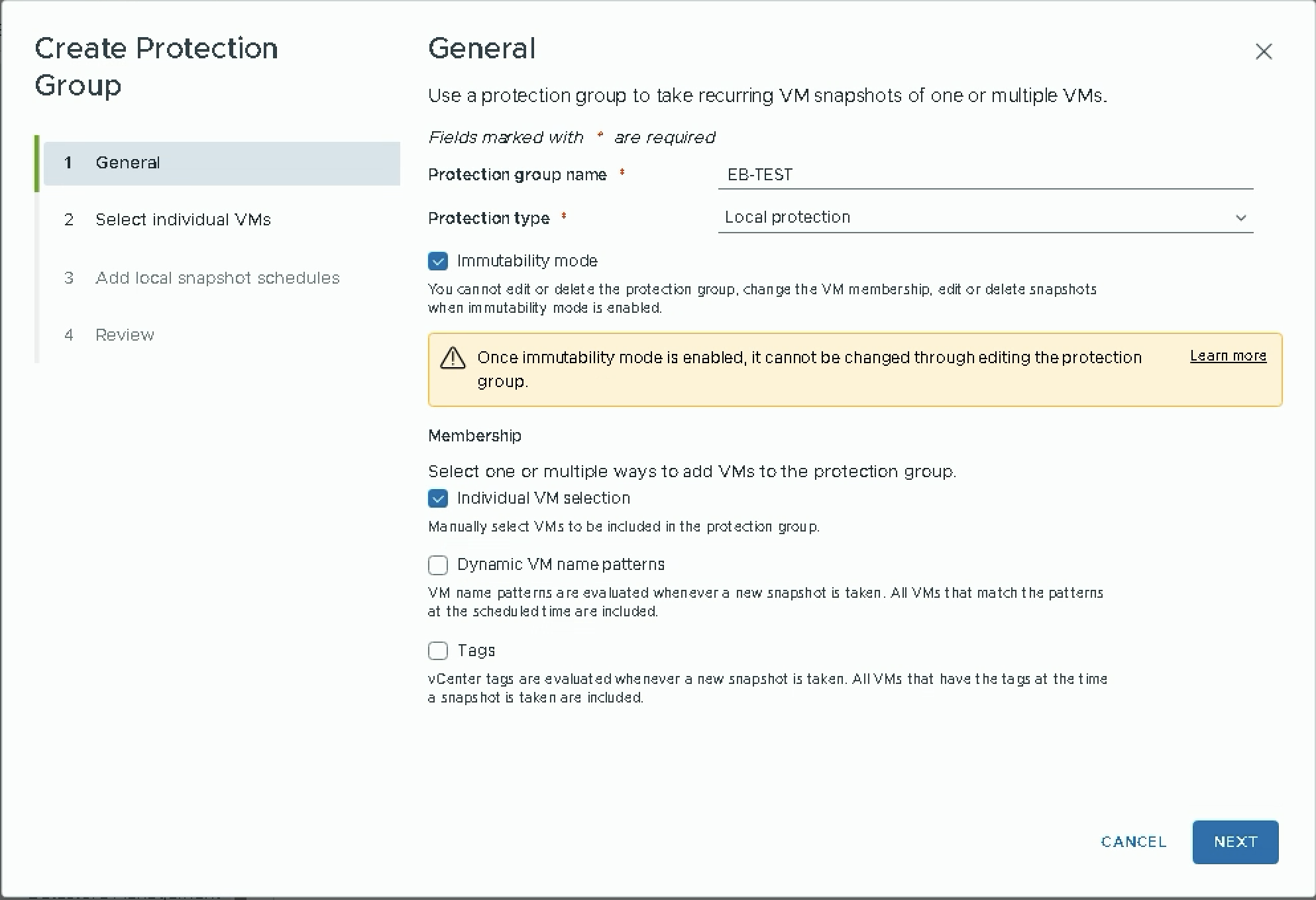 Create Protection Group — Step 1: General settings with immutability and membership options