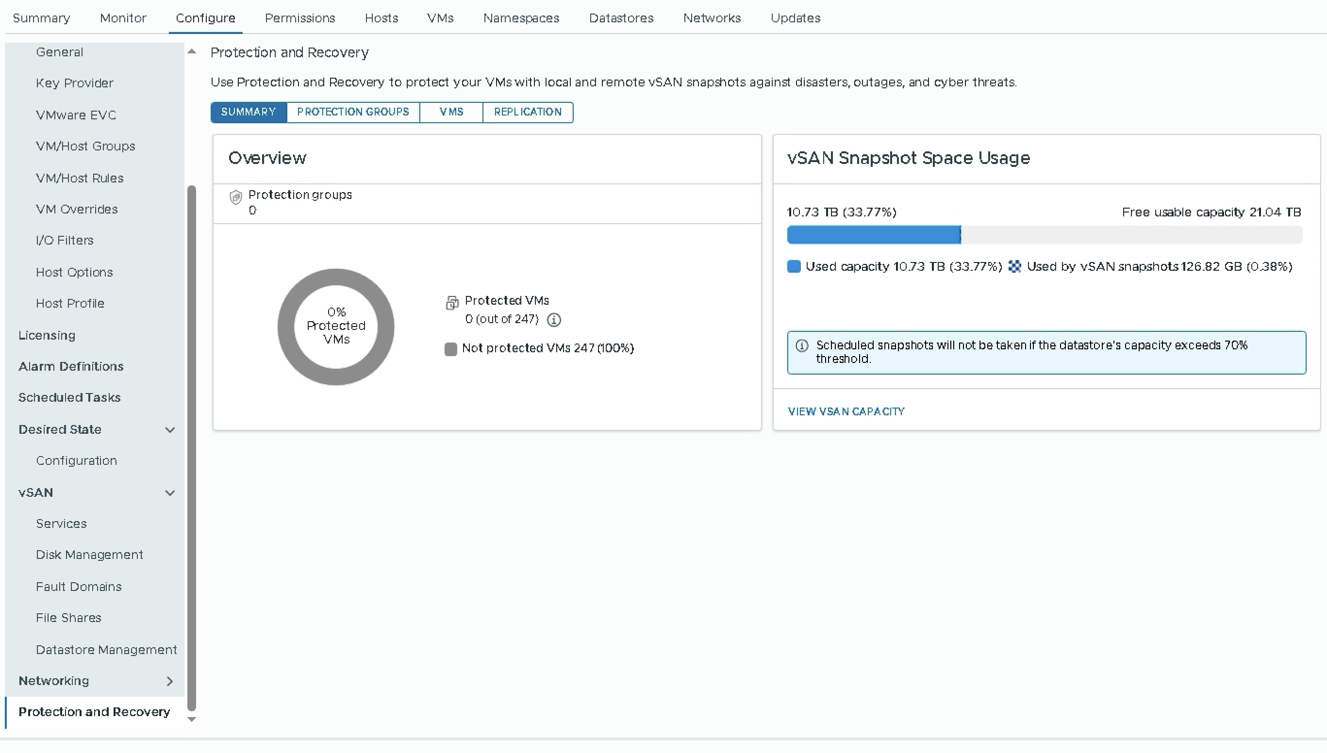 Protection and Recovery dashboard — Summary tab