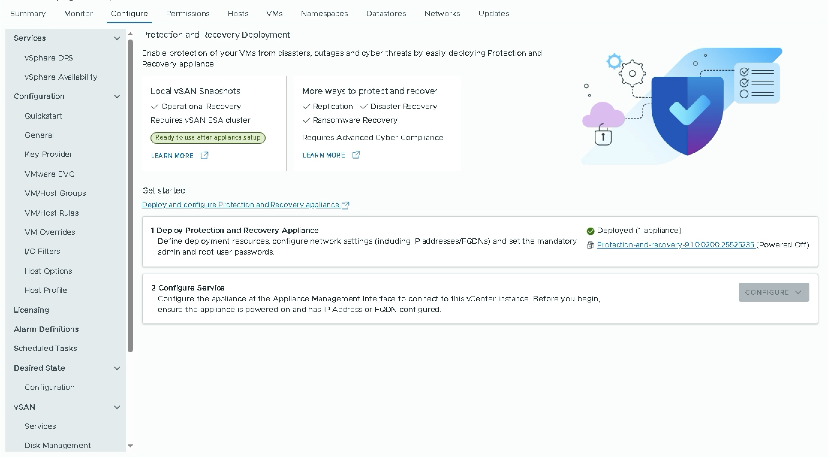Protection and Recovery Deployment page in vCenter — appliance deployed, currently Powered Off