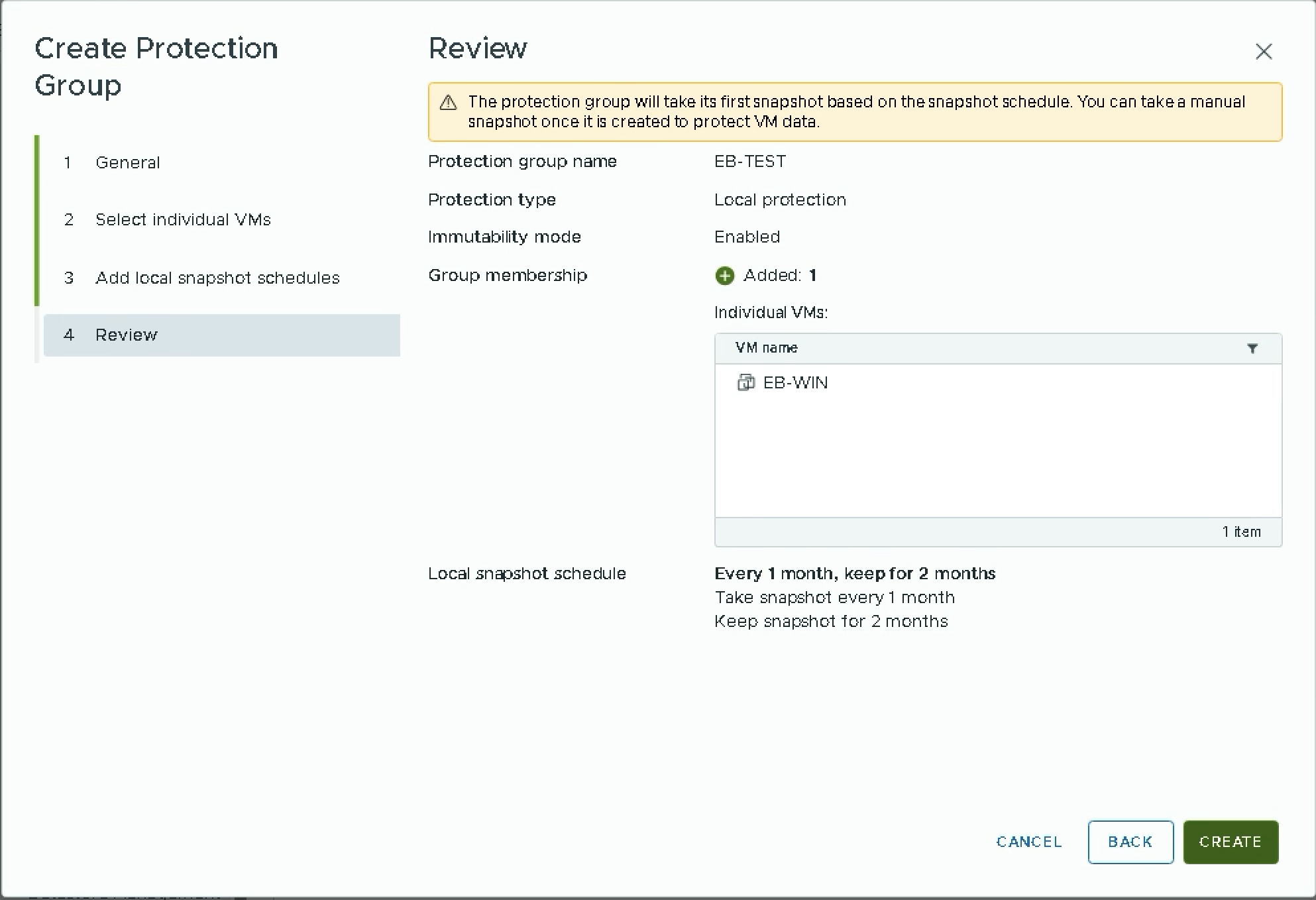 Create Protection Group — Step 4: Review
