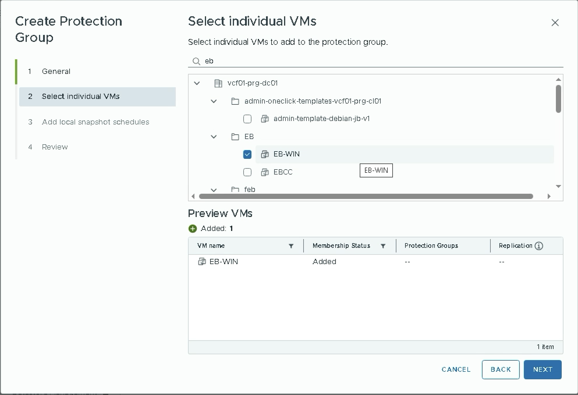 Create Protection Group — Step 2: Select individual VMs