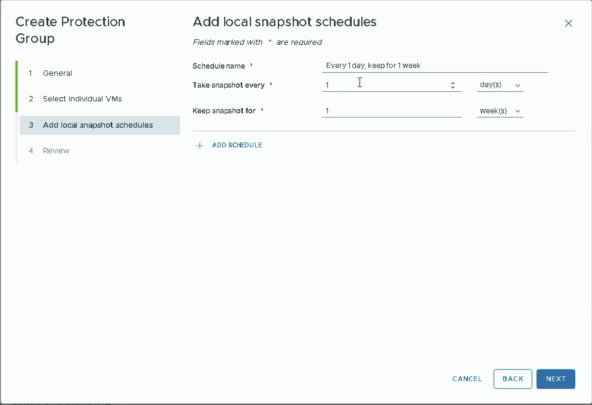 Create Protection Group — Step 3: Add local snapshot schedules