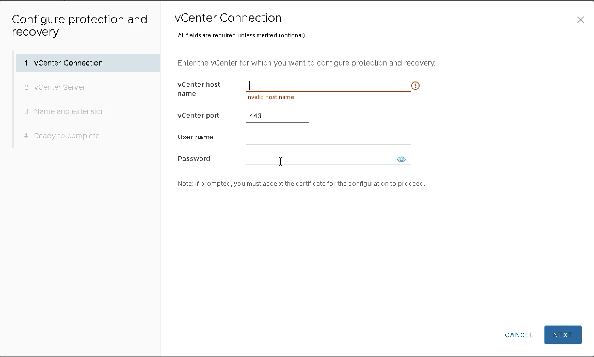Configure protection and recovery — Step 1: vCenter Connection